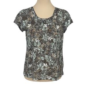 Relativity Lightweight Sheer Burnout Brown & Green Floral Shirt, Petite Medium